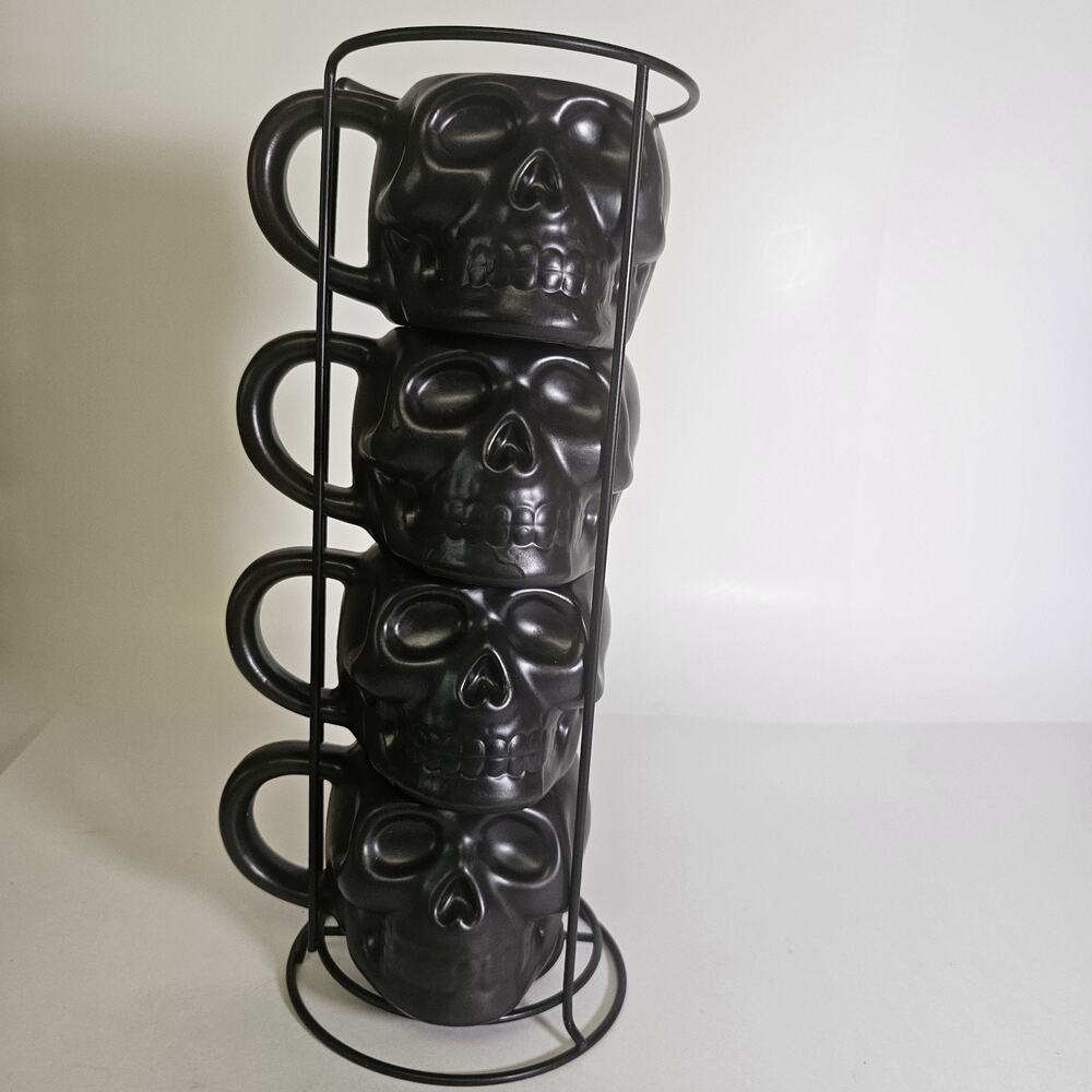 Black Skull Coffee Mugs 4 with Rack Goth Alt Halloween Horror